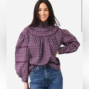 Hunter Bell Veronica Top Purple Paisley Smocked High Neck Blouse Small